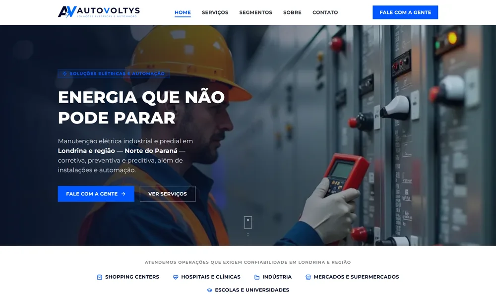 Site institucional da Autovoltys, soluções elétricas e automação