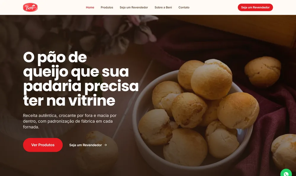 Site da Beni, indústria de pão de queijo, salgados e pizzas congelados