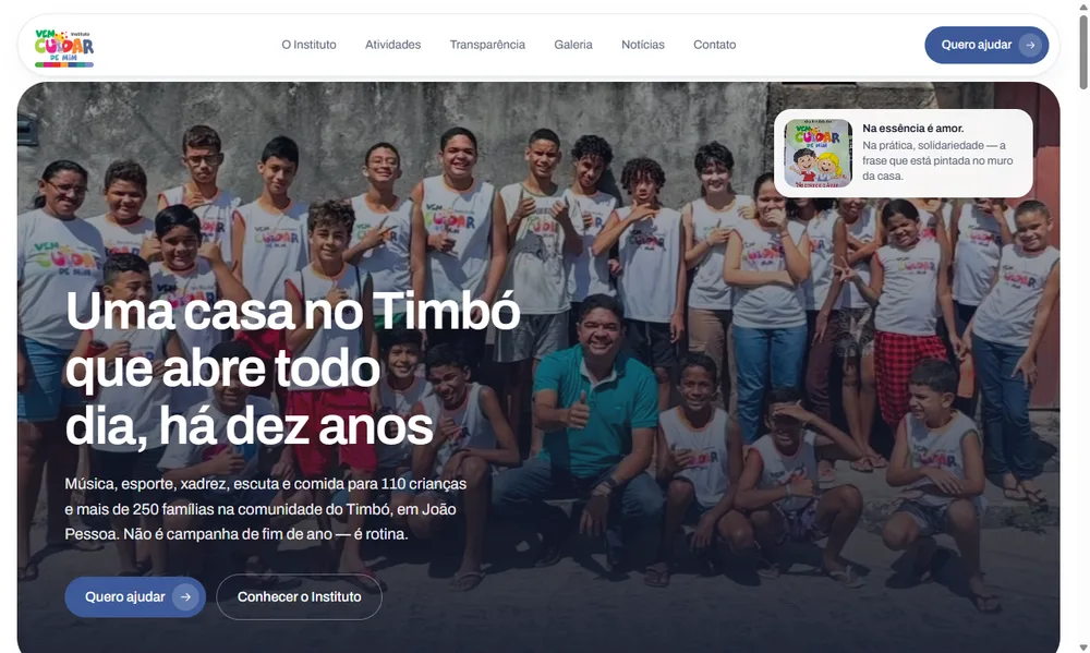 Site do Instituto Vem Cuidar de Mim, ONG no Timbó, João Pessoa/PB