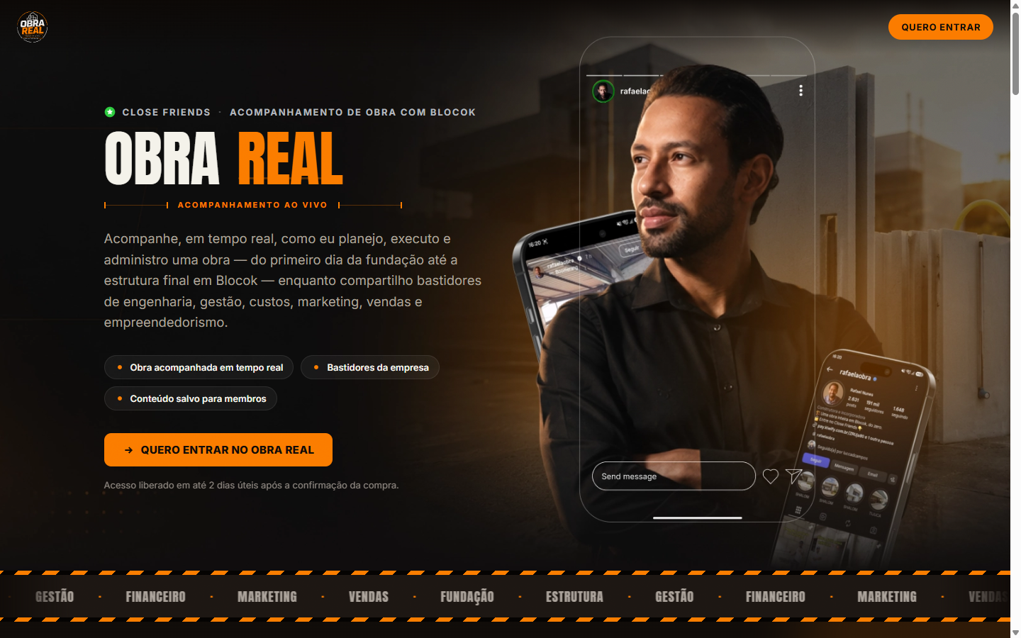 Landing page da Obra Real, assinatura de conteúdo via Close Friends do Instagram