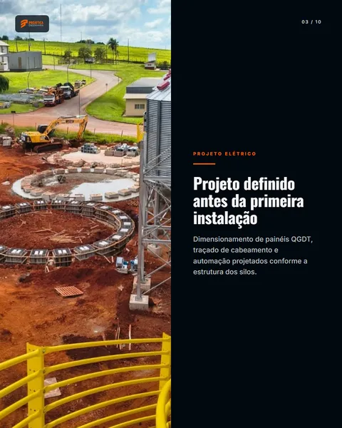 Slide 3 — Obra elétrica em silos